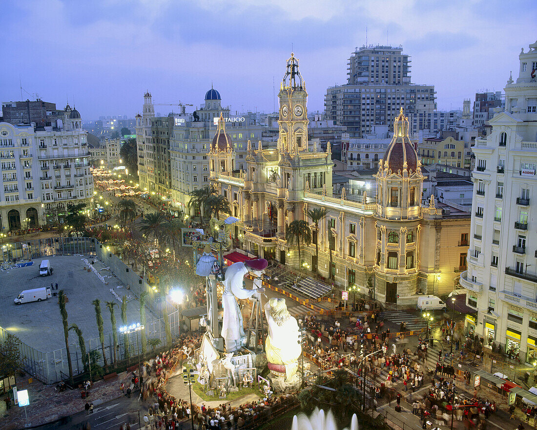 Town Hall Square during fallas fest, Valencia. Comunidad Valenciana, Spain