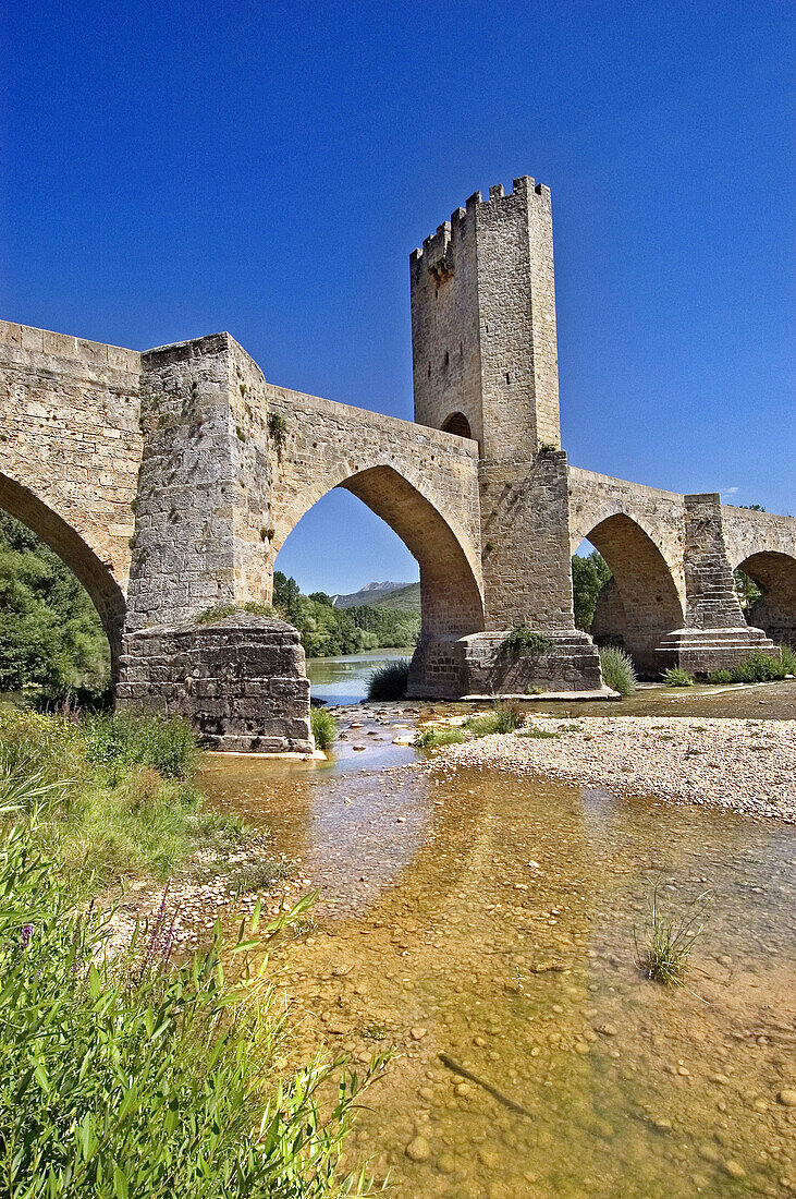 Medieval bridge over Ebro river in Frías. Burgos province, Castilla-León. Spain