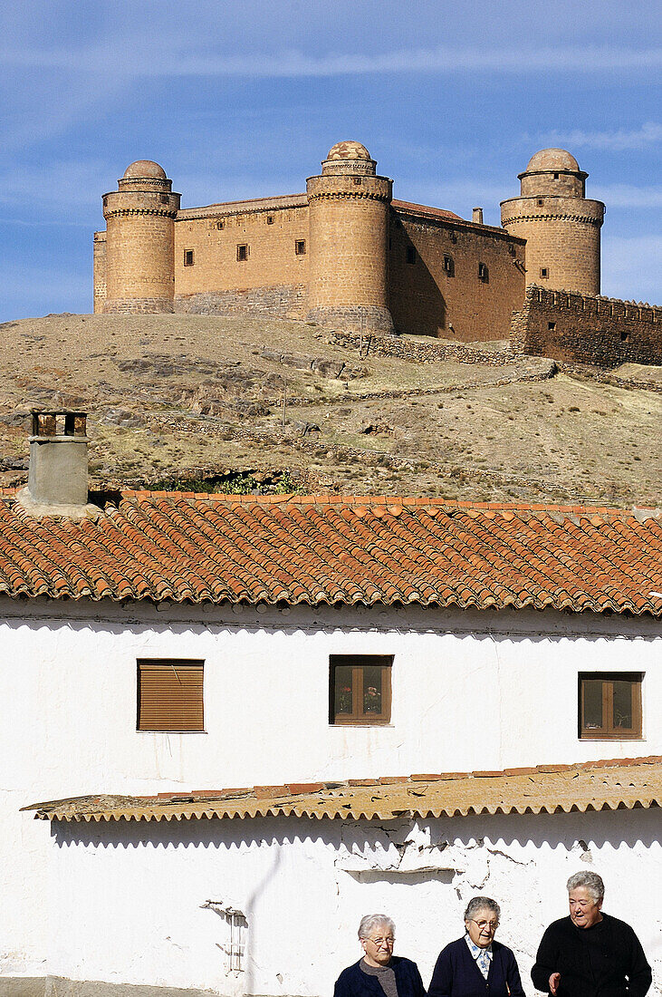 Street and castle, Lacalahorra. Granada province, Andalusia. Spain