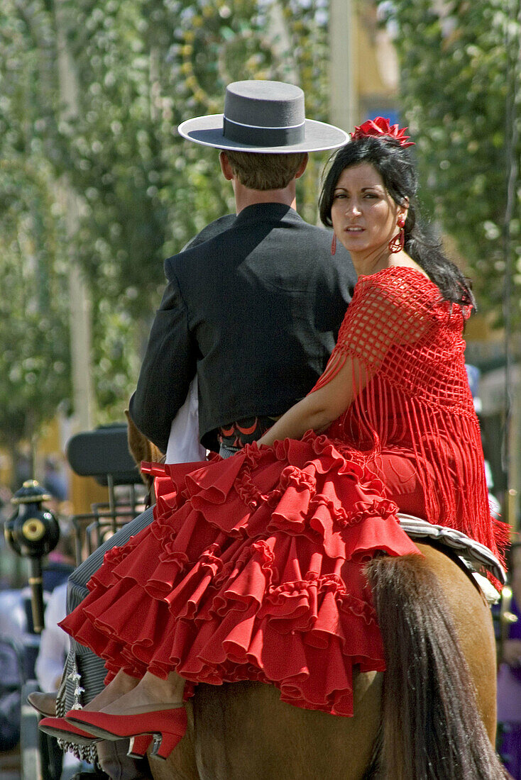 Horsemen in El Real de la Feria. Fuengirola. Málaga province, Costa del Sol. Andalusia, Spain