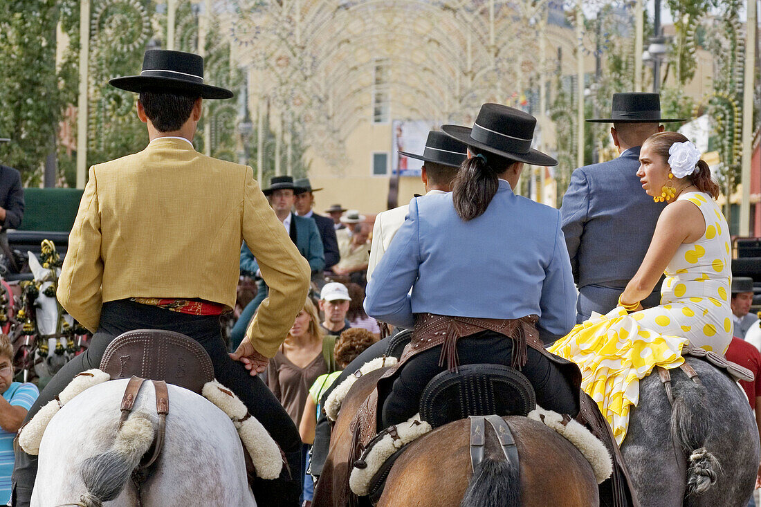 Horsemen in El Real de la Feria. Fuengirola. Málaga province, Costa del Sol. Andalusia, Spain