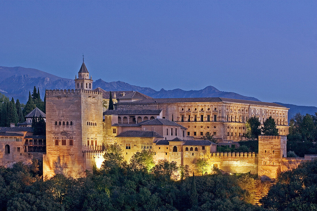 Evening view of the Alhambra from the Mirador de San Nicolas. Granada. Andalucia. Spain.