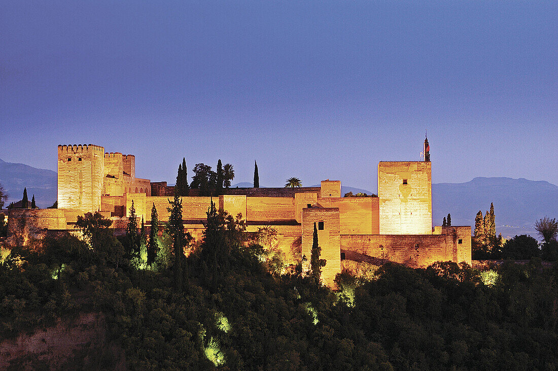 Evening view of the Alhambra from the Mirador de San Nicolas. Granada. Andalucia. Spain