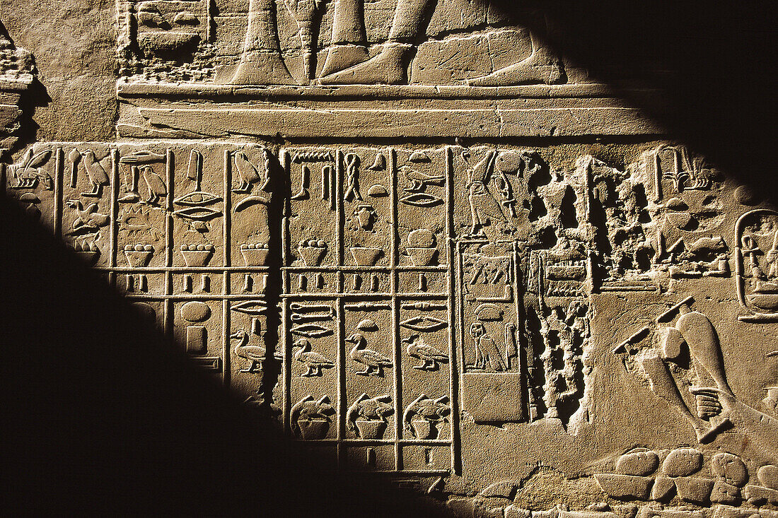 Egyptian hieroglyphs on temple wall, Karnak. Egypt