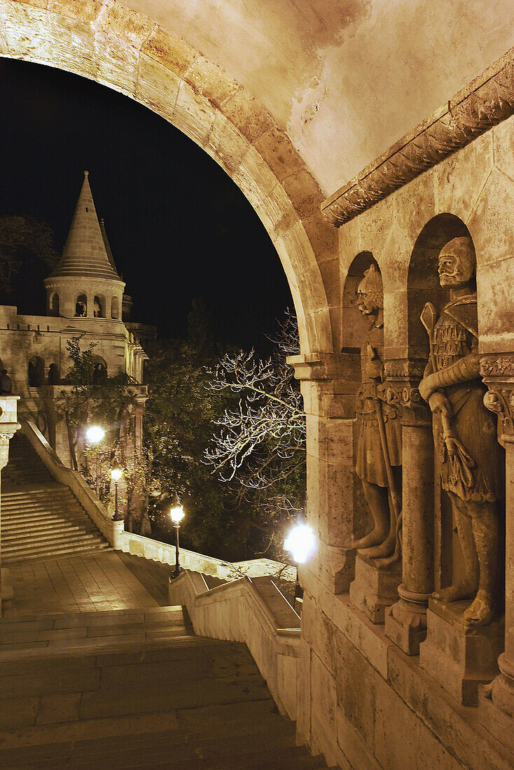 Night time view of the Fishermens Bastion, Castle District, Budapest, Hungary.