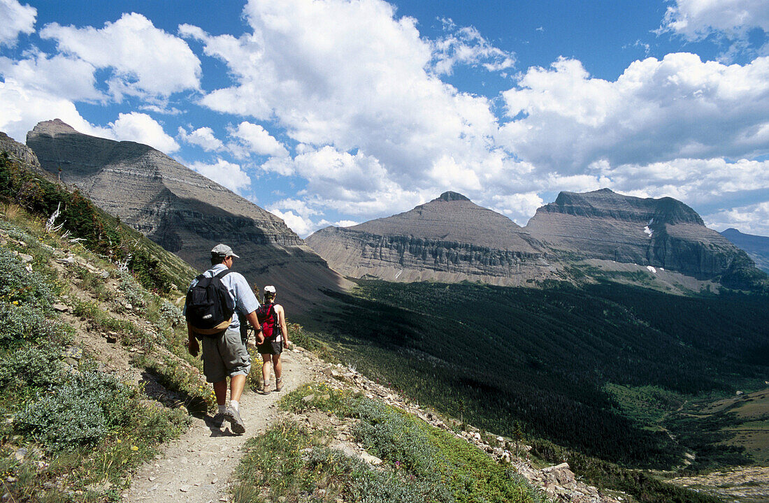 Hikers at Piegan Pass. Mt. Glacier National Park. USA.