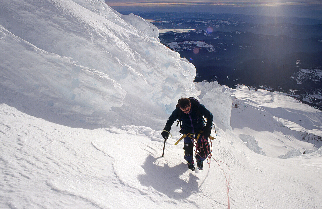 Climber on Reid Glacier. Mt. Hood. Oregon. USA.