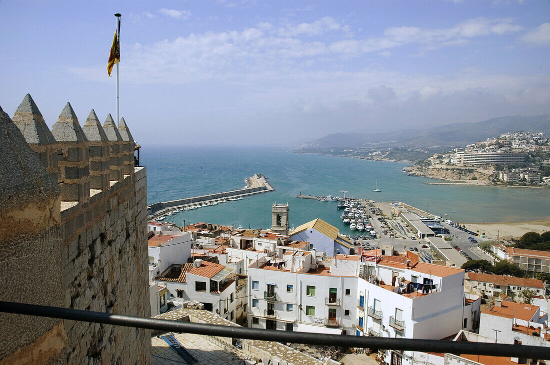 View of the port from Papa Luna Castle. Peñiscola. Castellon province. Comunidad Valenciana. Spain