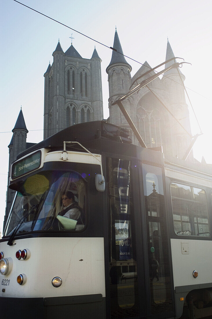 Tram. St. Nicholas church (Sint Niklaas). Ghent. Flanders, Belgium
