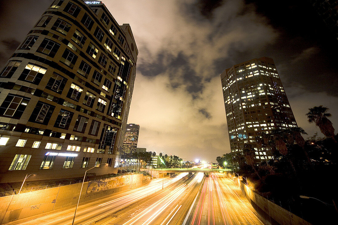 Cloudy night scene over freeway in downtown Los Angeles, California. USA.