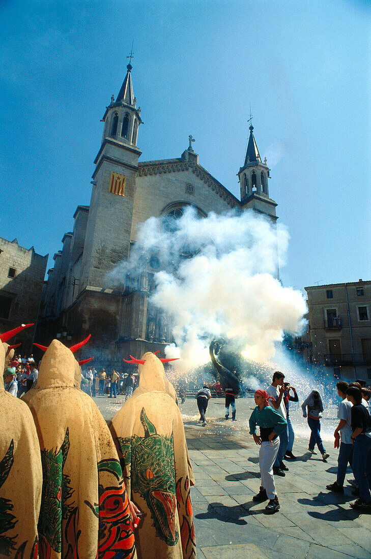 Correfoc or little devils during the Festa Major (local festival). Vilafranca del Penedés. Barcelona province. Catalonia. Spain.