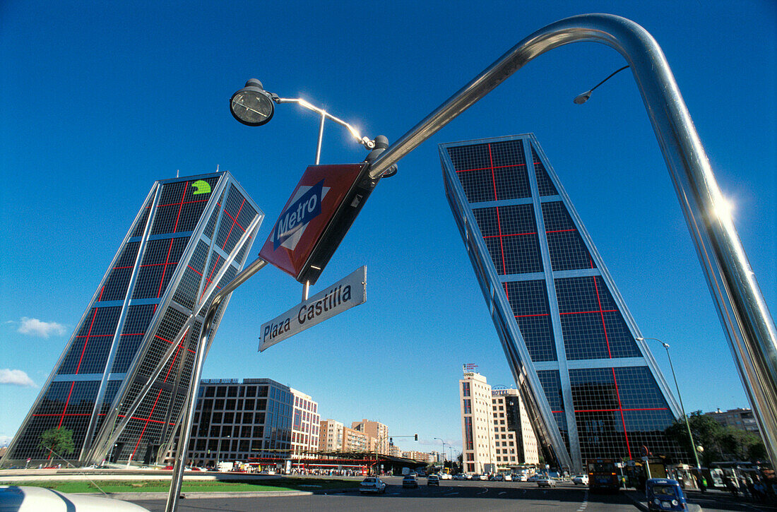 Subway station and Kio Towers in Castilla Square, Madrid. Spain