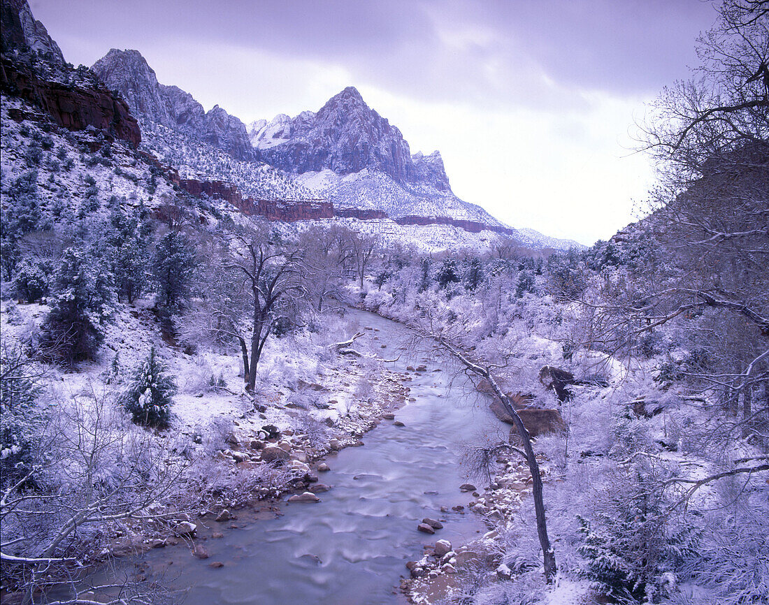 Mountains and Virgin River after a fresh snowfall. Zion National Park. Utah, USA