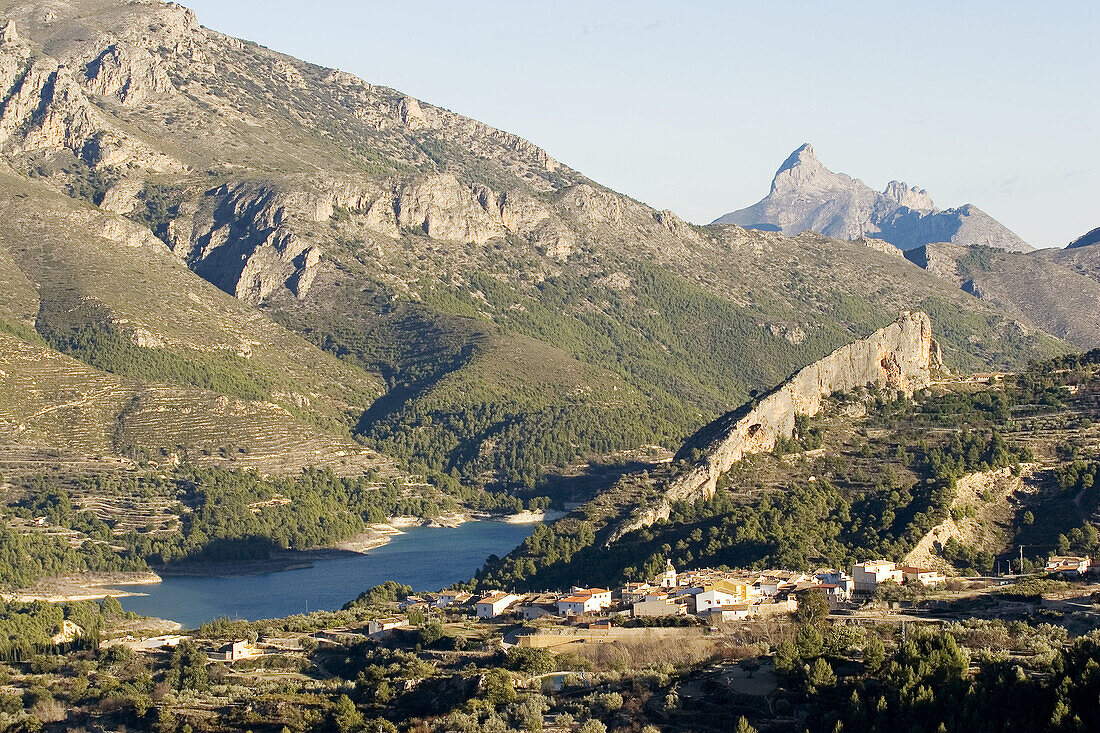 Beniardá town, Guadalest reservoir and Bernia peak in background. Alicante province, Spain