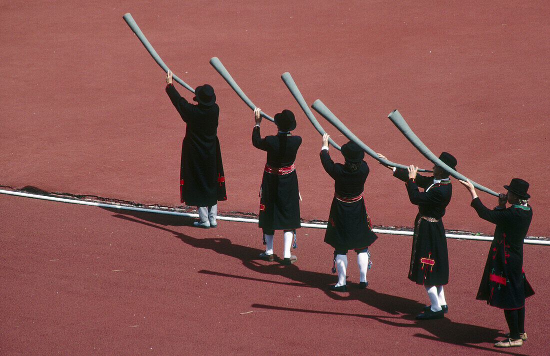 horns musicians at folk dance festival, Tallin, Estonia