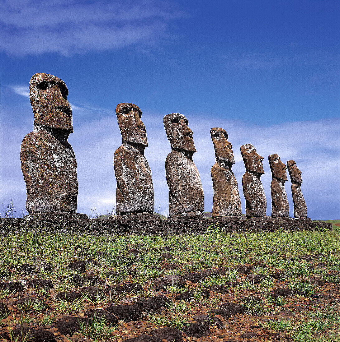 Moai statues. Ahu Akivi, Eastern Island. Chile