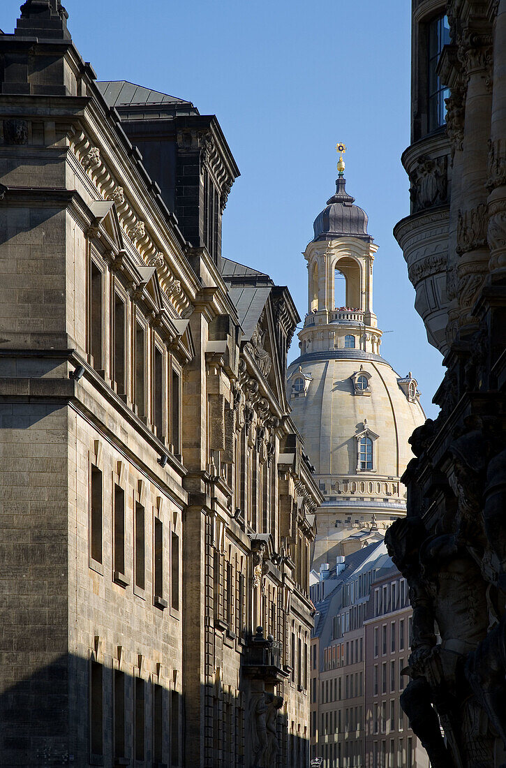 Dome of the Frauenkirche viewed from Augustusstrasse. Dresden, Saxony, Germany