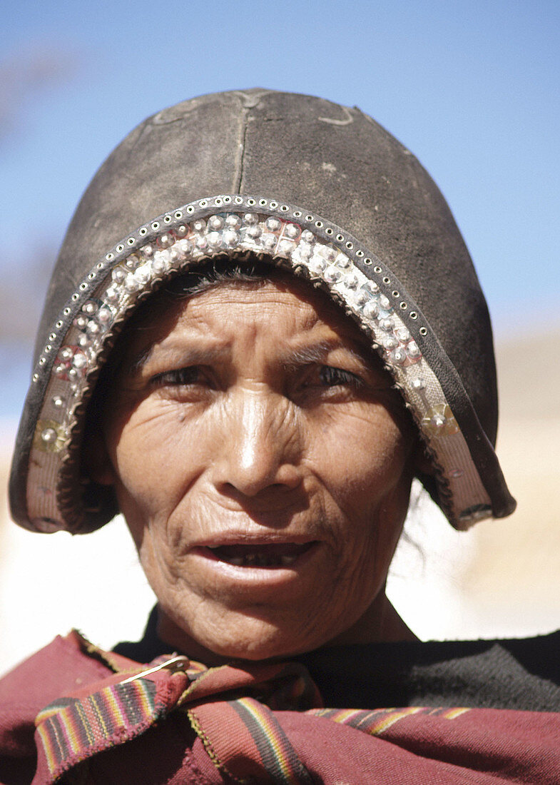 Woman in strange hat, Tarabuco Market, Bolivia