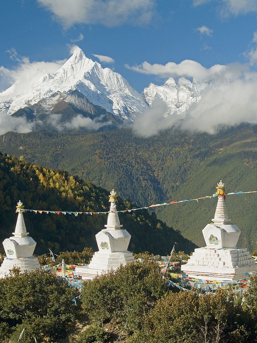 Holy Kawa Karpo peak and stupas fronting it, Shangri La, Dequin Tibetan region, China