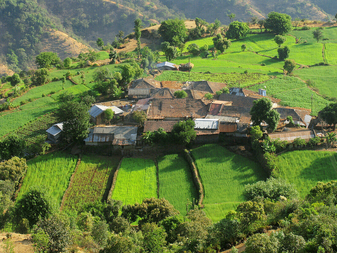 Top view of agricultural land and village on the way to Tapola, Mahabaleshwar, satara, Maharasthra, India.