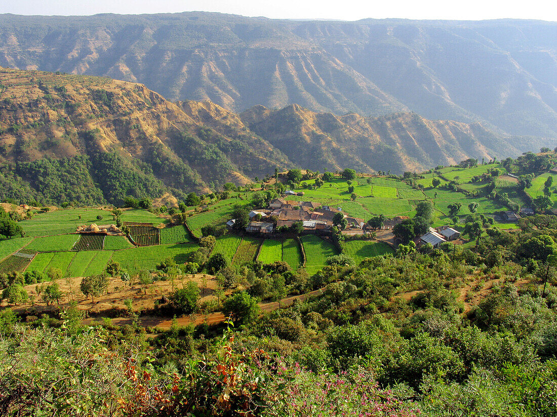 Top view Agricultural land and village on the way to Tapola. Mahabaleshwar, Satara, Maharasthra, India.