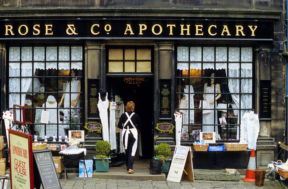 Europe, England, Yorkshire, West Yorkshire, Haworth, Rose & Co Apothecary, Bronte County