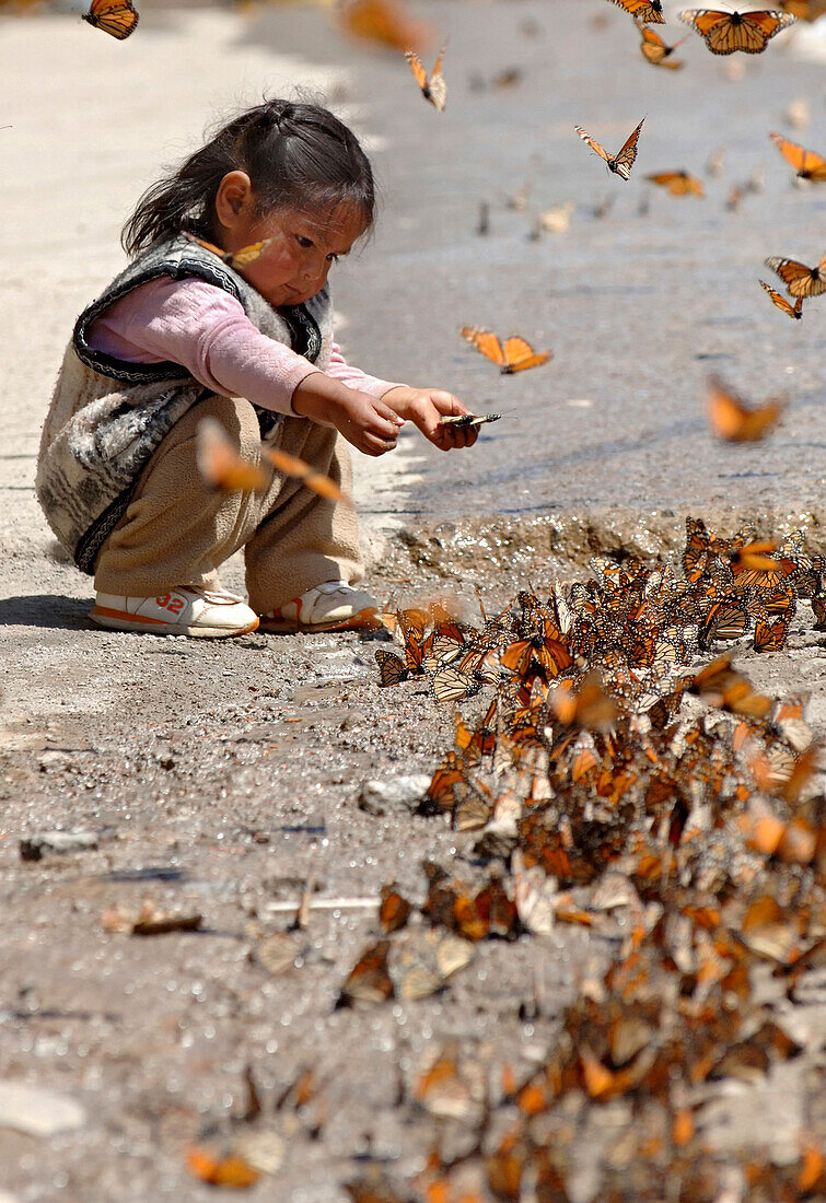 Junges Mädchen spielt mit Monarchfalter nahe des Bergdorfes San Luis, Mexiko