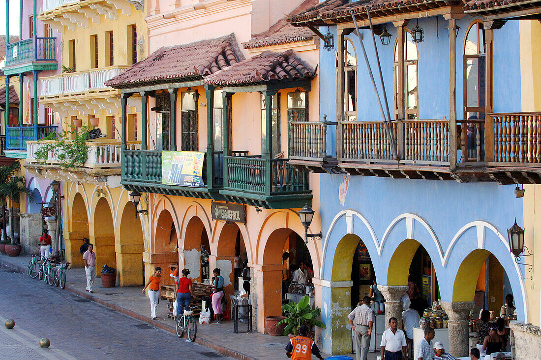 Colonial houses at Plaza de la Aduana, Cartagena, Columbia, South America