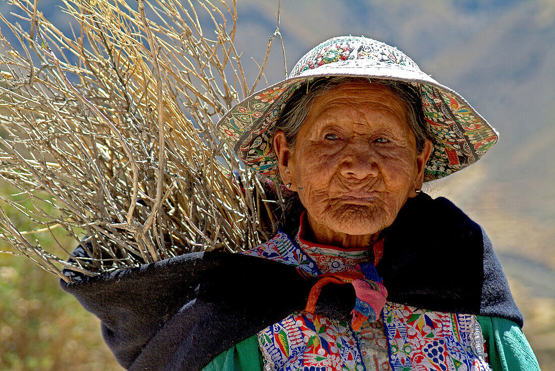 Old Inca woman at Colca Canyon, Peru, South America
