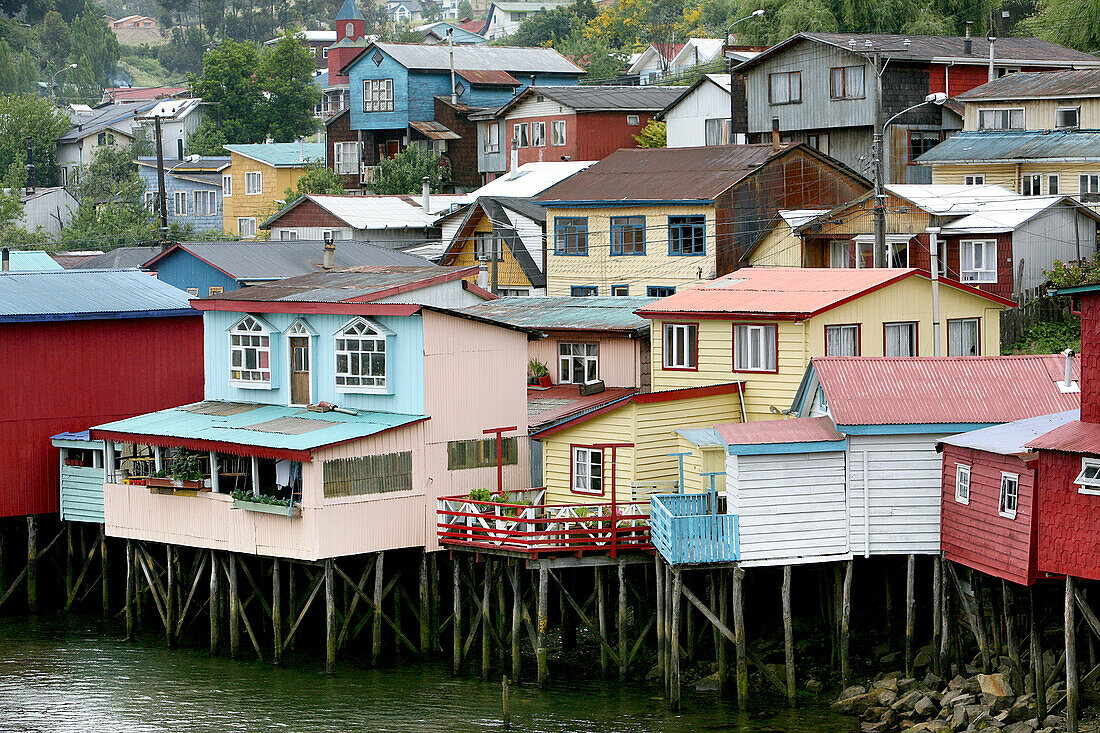 Wooden huts in the main town of Castro, Chiloé island, Chile, South America