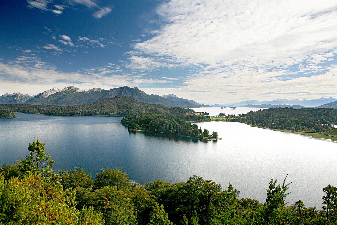 View over Lago Nahuel Huapi to Hotel LLao LLao, Patagonia, Argentina, South America