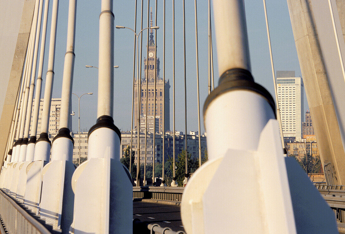Warsaw, Poland, Swietokrzyski Suspension Bridge and Palace of Culture, Opened in 2000 to join Praga district and city center along Tamka Street, It is important part of transportation as well as beautiful architectural accent