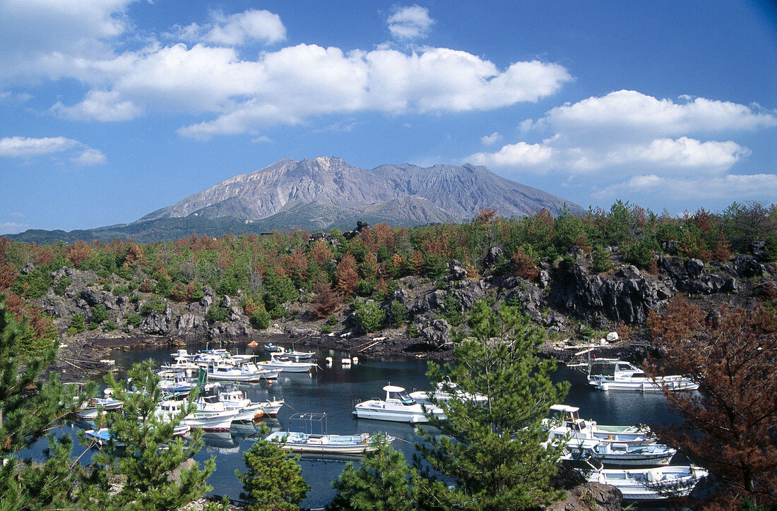 Sakurajima volcano, fishing boats. Kagoshima. Kyushu. Japan.