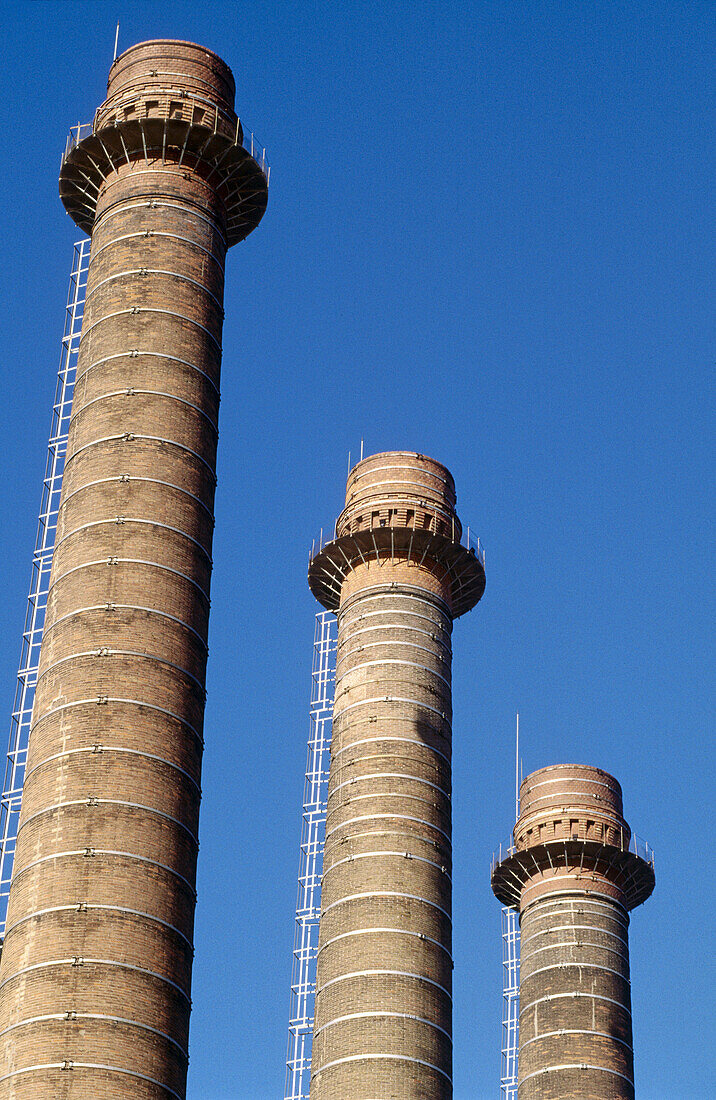 Les Tres Xemeneies (the three smokestacks) in  Avinguda del Paral.lel. Barcelona. Catalonia, Spain