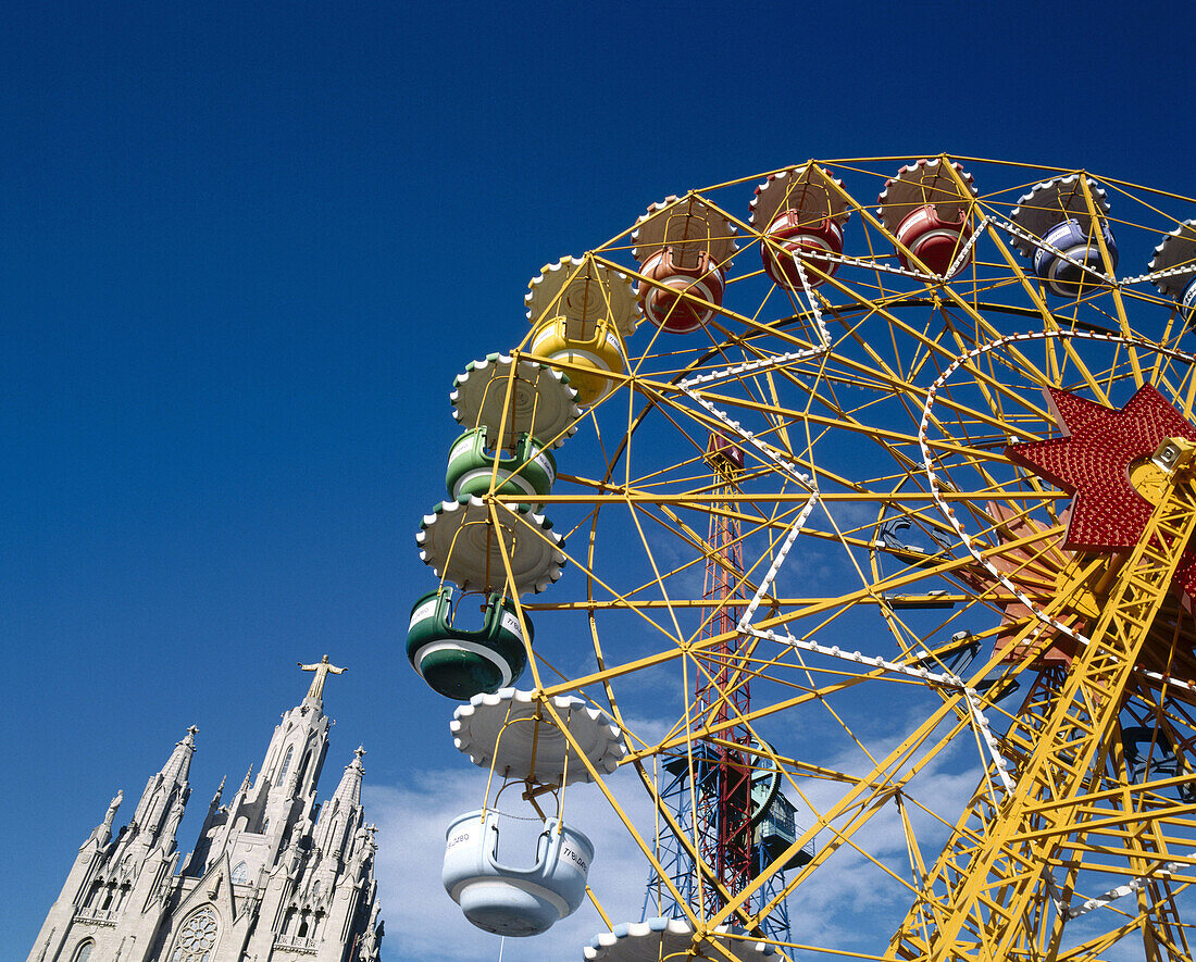 Expiatory Temple of the Sacred Heart (architect Enric Sagnier) and  amusement park.Tibidabo, Barcelona. Catalonia, Spain