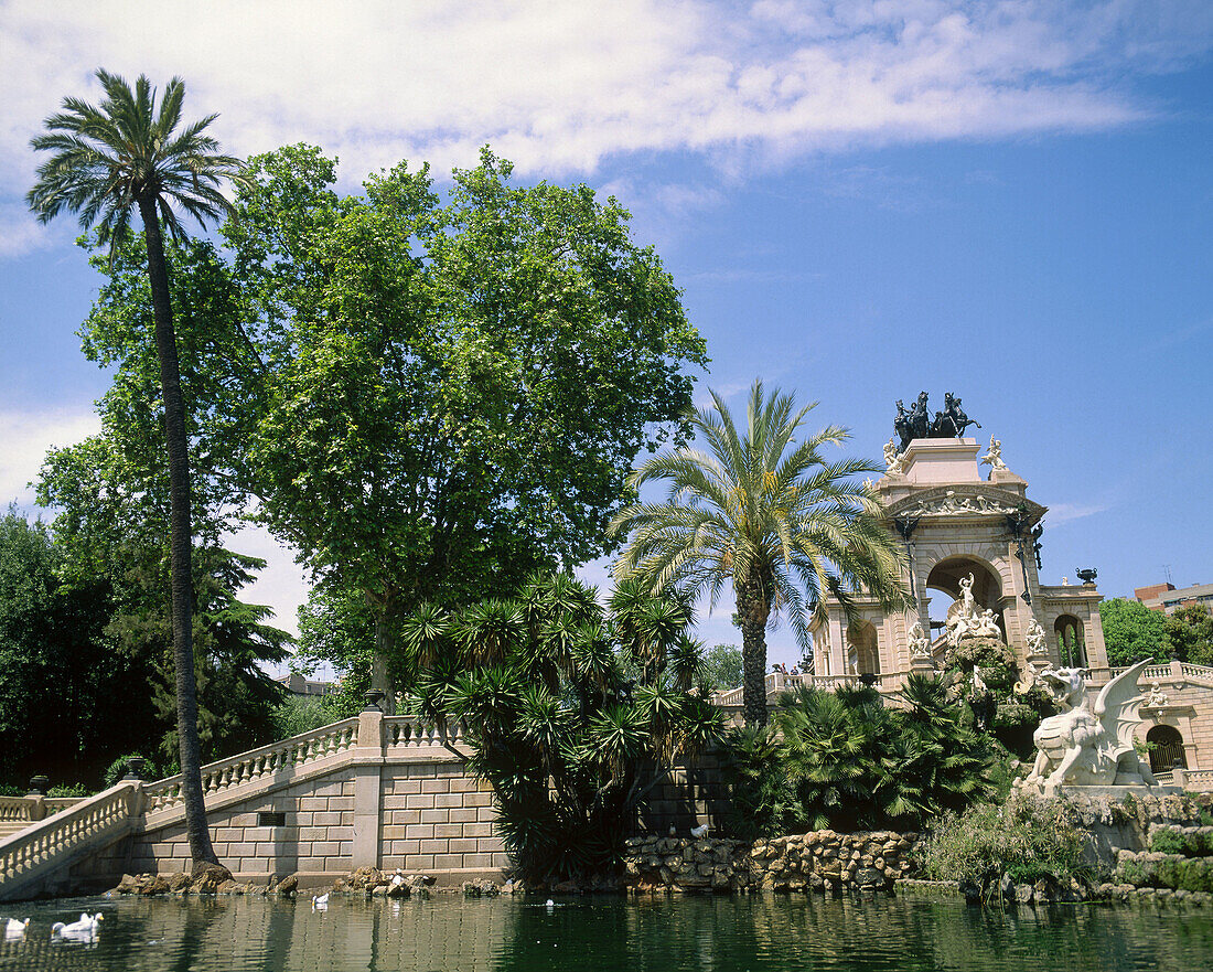 Waterfall. Architects: Antoni Gaudi and Josep Fontsere, (1875-1881). Parc de la Ciutadella.  Barcelona. Catalonia. Spain.