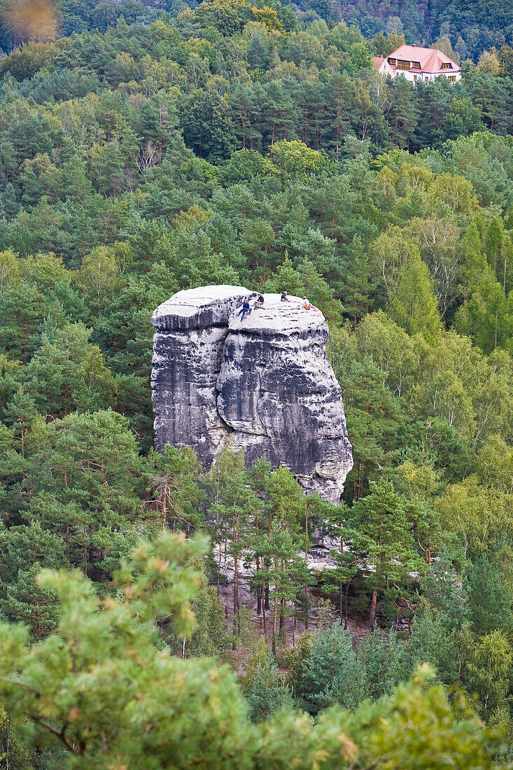 Rock climbers on the summit of the Nonne Rocks, Elbe Sandstone Mountains, Saxon Switzerland, Saxony, Germany