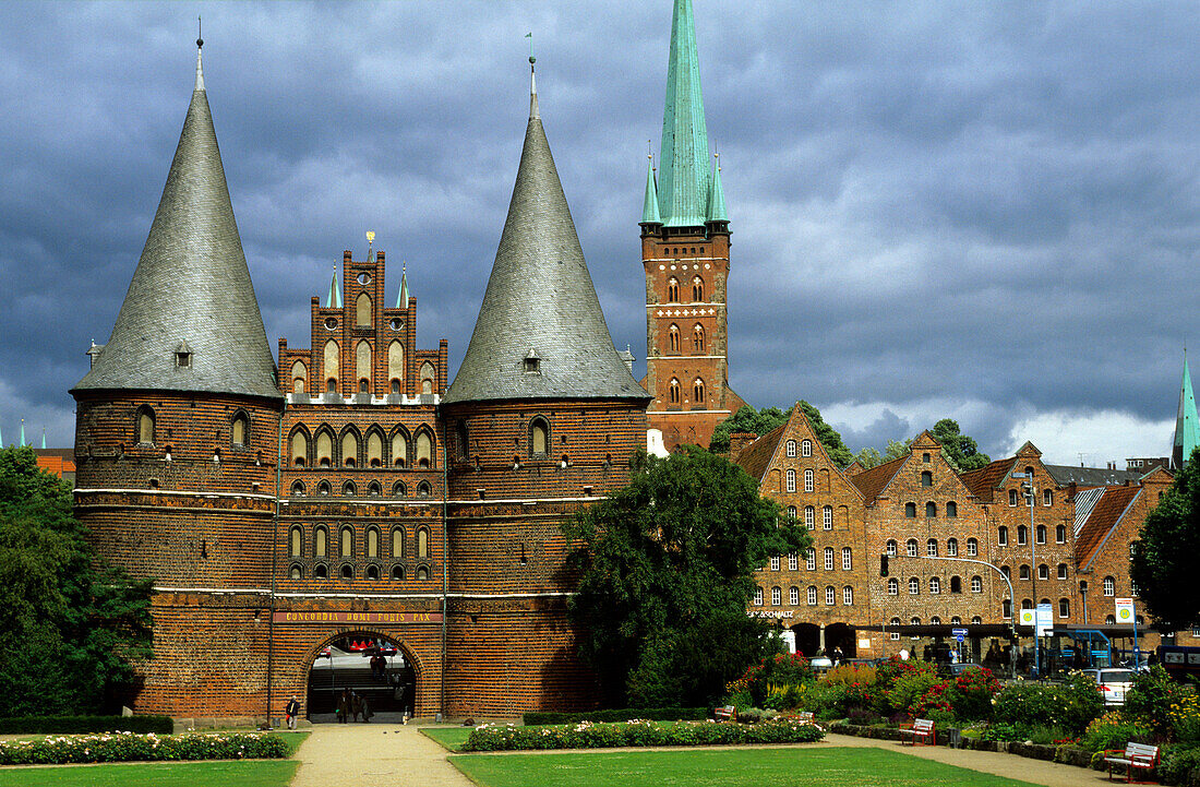 The Holstentor under clouded sky, Luebeck, Schleswig Holstein, Germany, Europe