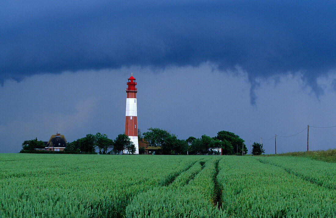 Lighthouse Flügge under dark clouds, Fehmarn island, Schleswig Holstein, Germany, Europe