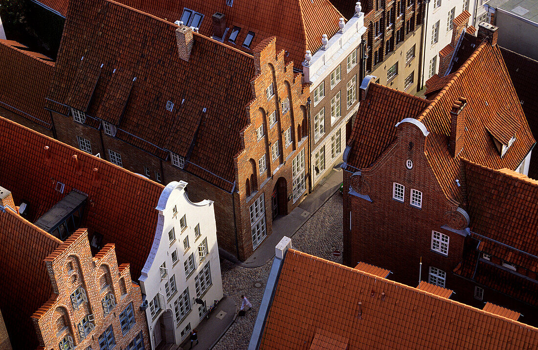 High angle view at gabled houses, Grosse Petersgrube, Luebeck, Schleswig Holstein, Germany, Europe