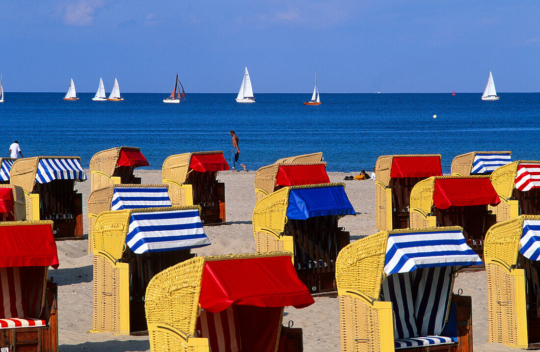 Beach chairs on the beach in the sunlight, Travemuende, Schleswig Holstein, Germany, Europe