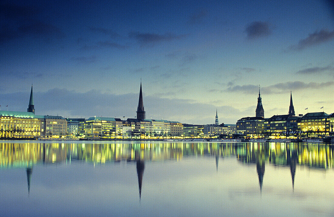 View over Inner Alster to Hamburg at night, Germany