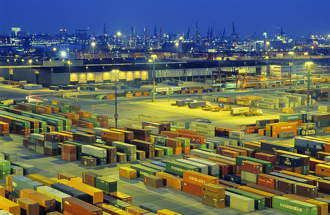 View over container port at night, Hamburg, Germany
