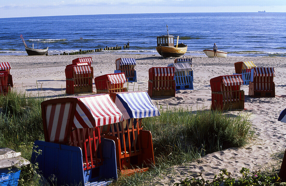 Beach chairs at beach, Bansin, Usedom Island, Mecklenburg Western-Pomerania, Germany