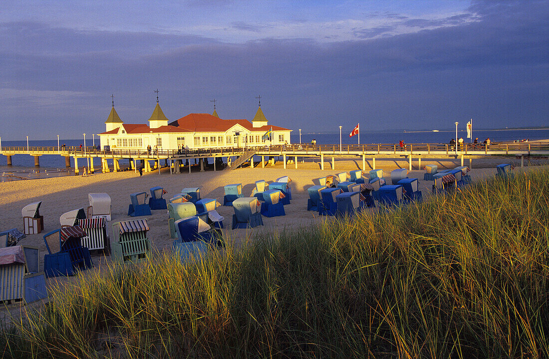 Beach chairs and pier, Ahlbeck, Usedom island, Mecklenburg Western-Pomerania, Germany