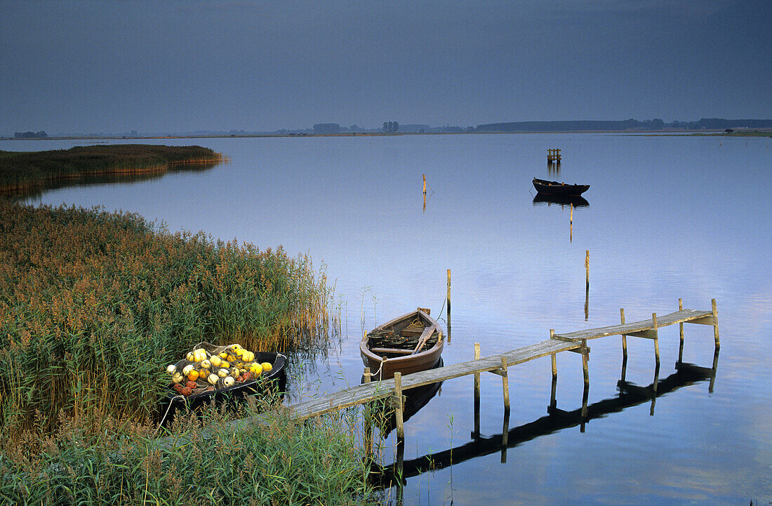 Jetty and rowing boats, Ummanz island, Mecklenburg-Western Pomerania, Germany