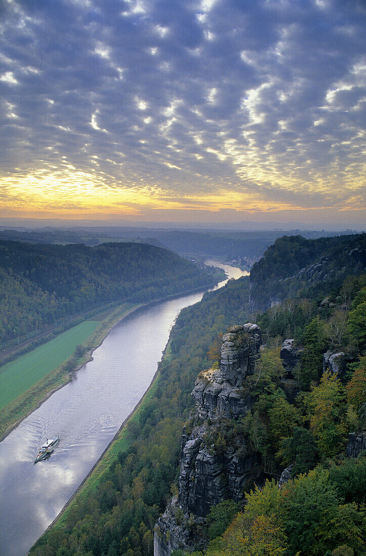 ATTENTION: Break off rocks meantime - View from Bastei over river Elbe, Saxon Switzerland, Elbe Sandstone Mountains, Saxony, Germany