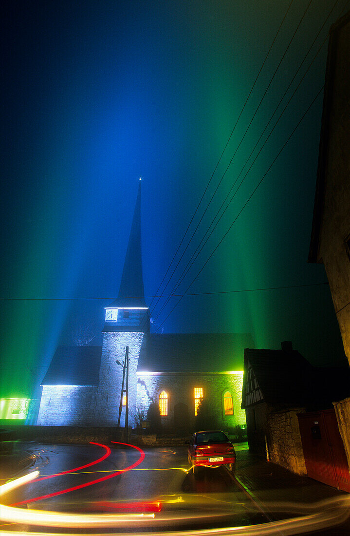 Europe, Germany, Thuringia, Weimar, Feininger Church Gelmeroda with light installation, Lichtskulptur Gelmeroda -LS 9803-