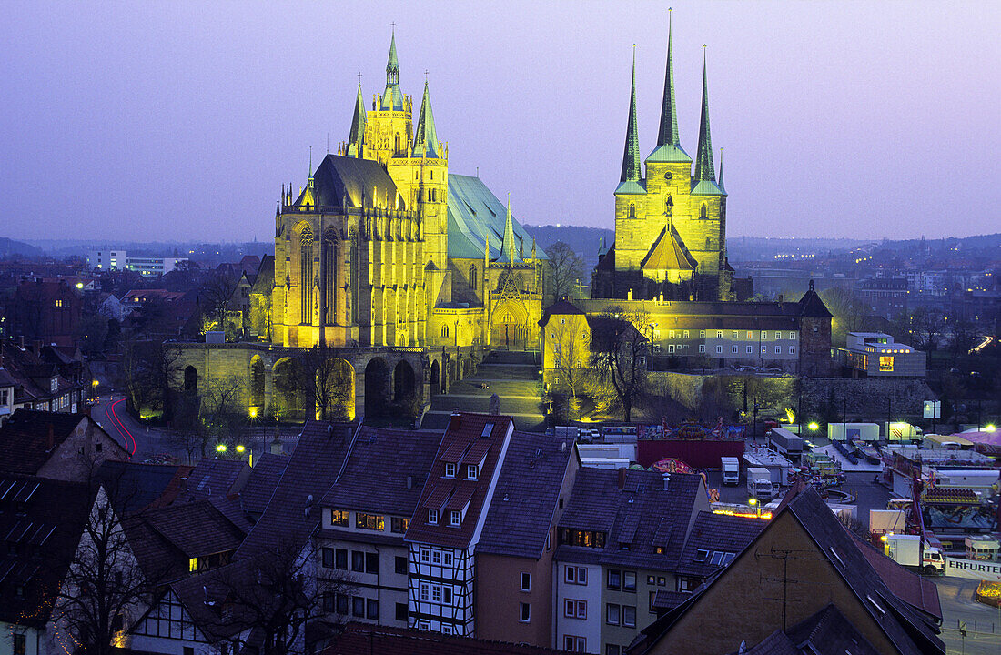 Mariendom and the Severikirche at night, Erfurt, Thuringia, Germany