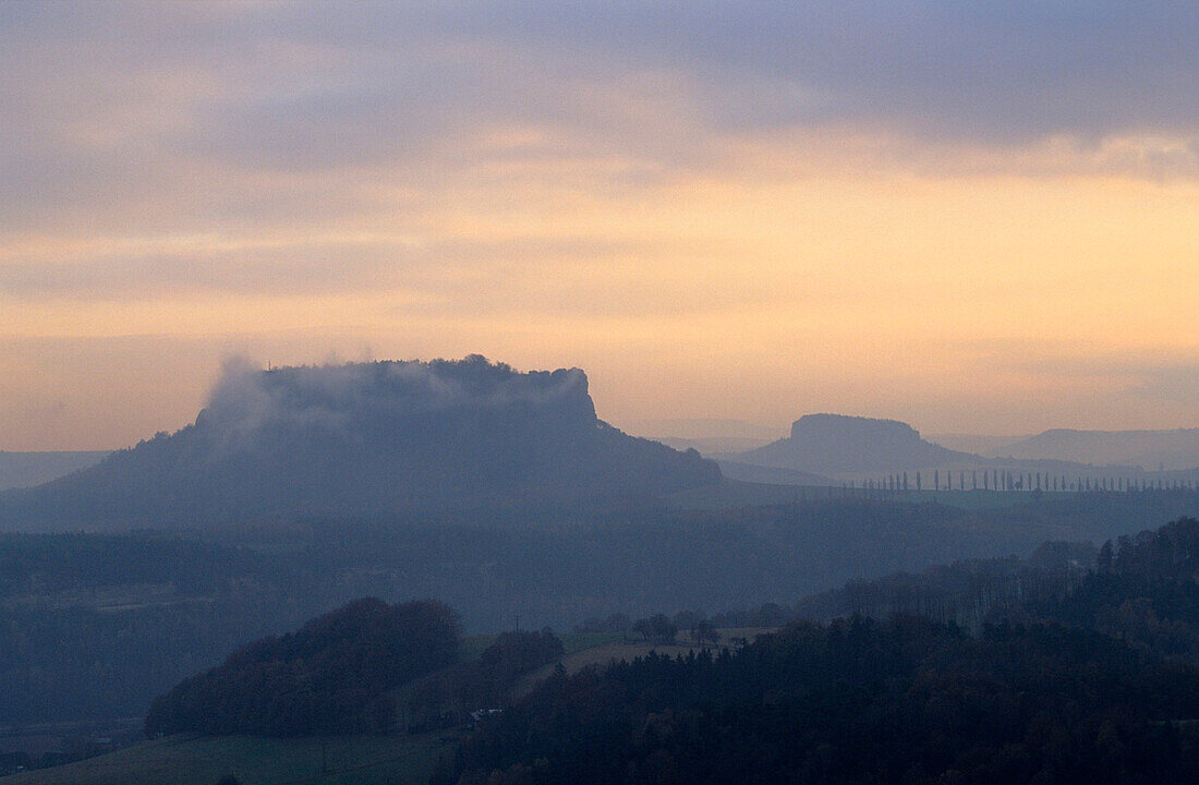 Europe, Germany, Saxony, view from the Bastei viewpoint upon Lilienstein and Königsstein, Saxon Switzerland, Elbsandsteingebirge